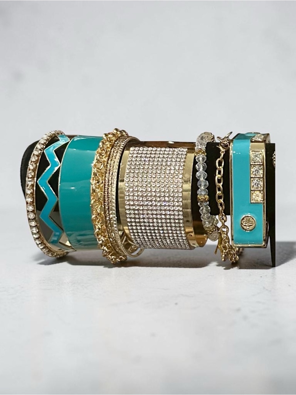 Turquoise Gold Bangle Stack Bracelet Set Rhinestone Enamel Boho Statement - Picture 2 of 7